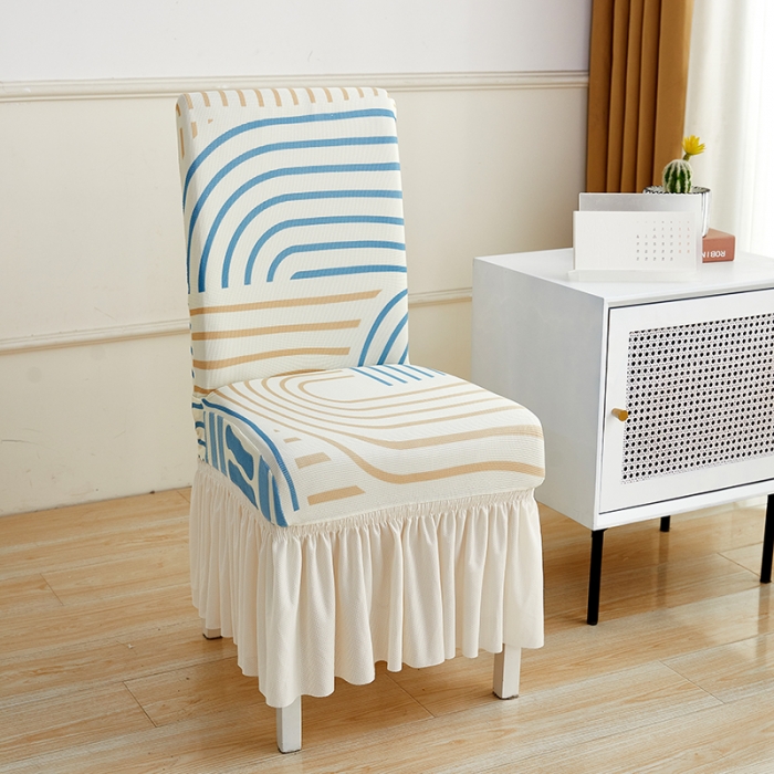 91家纺网 家纺一手货源 找家纺 丝绮鹿 2023新款针织柔肤格椅子套裙边款 几何-蓝