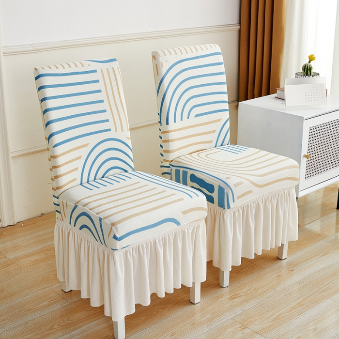 91家纺网 家纺一手货源 找家纺 丝绮鹿 2023新款针织柔肤格椅子套裙边款 几何-蓝