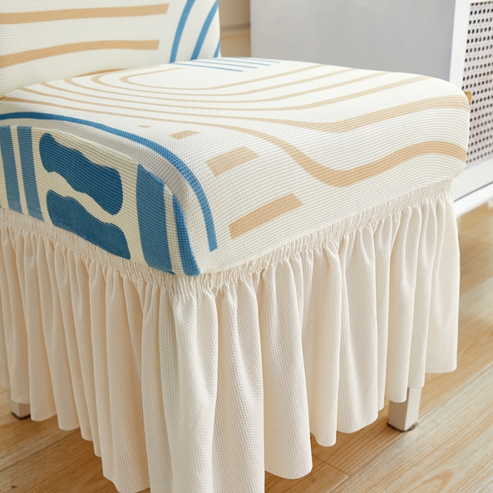 91家纺网 家纺一手货源 找家纺 丝绮鹿 2023新款针织柔肤格椅子套裙边款 几何-蓝