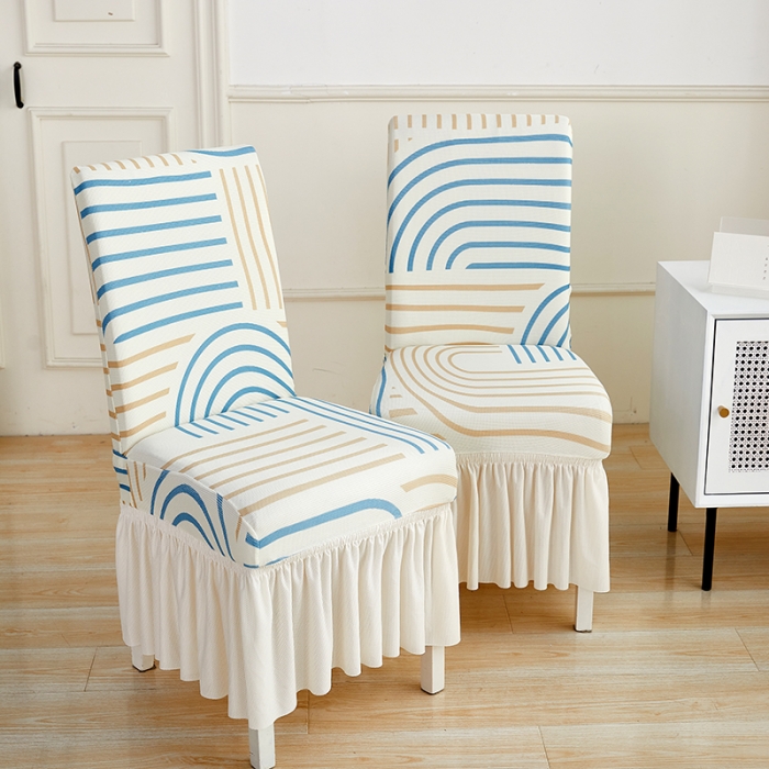 91家纺网 家纺一手货源 找家纺 丝绮鹿 2023新款针织柔肤格椅子套裙边款 几何-蓝