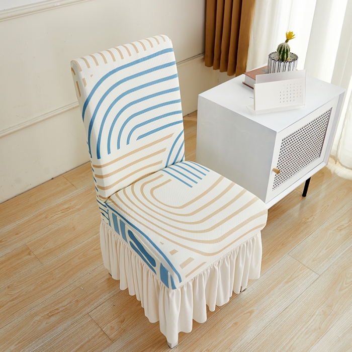 91家纺网 家纺一手货源 找家纺 丝绮鹿 2023新款针织柔肤格椅子套裙边款 几何-蓝