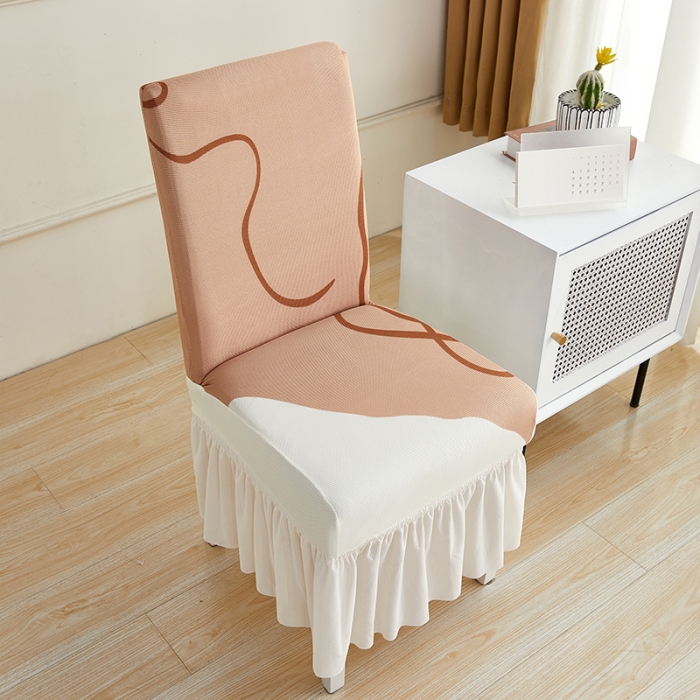 91家纺网 家纺一手货源 找家纺 丝绮鹿 2023新款针织柔肤格椅子套裙边款 简爱-杏色