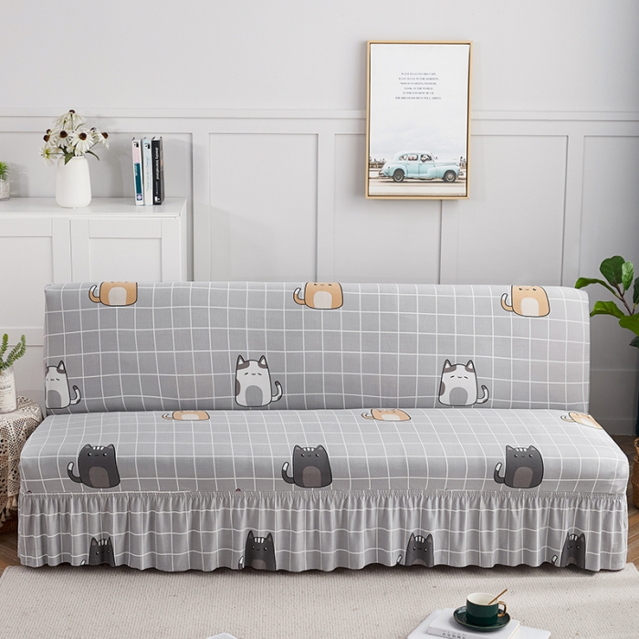 91家纺网 家纺一手货源 找家纺 丝绮鹿 2023新款牛奶丝沙发床套（裙边款） 方格猫咪