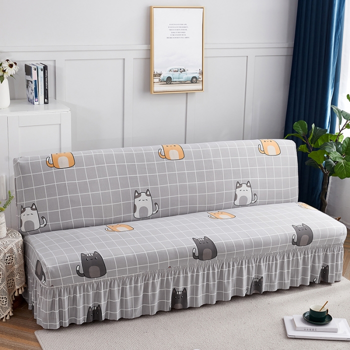 91家纺网 家纺一手货源 找家纺 丝绮鹿 2023新款牛奶丝沙发床套（裙边款） 方格猫咪