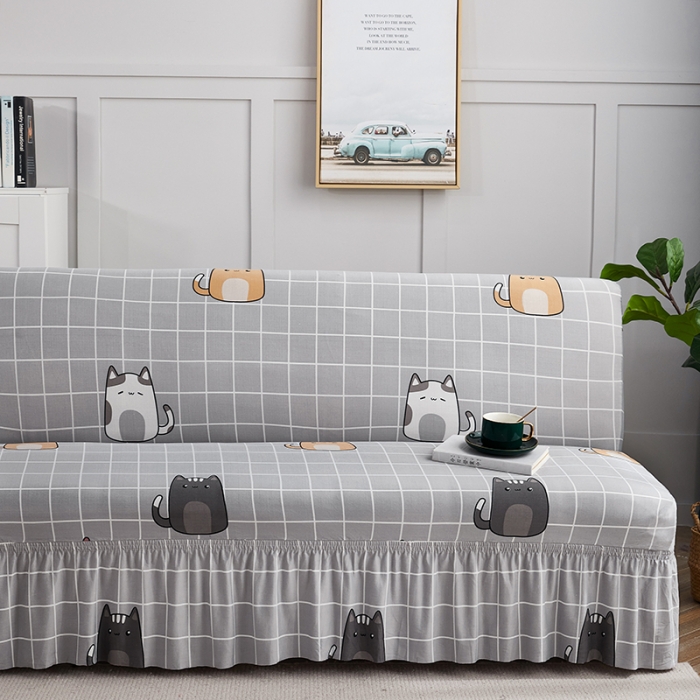 91家纺网 家纺一手货源 找家纺 丝绮鹿 2023新款牛奶丝沙发床套（裙边款） 方格猫咪