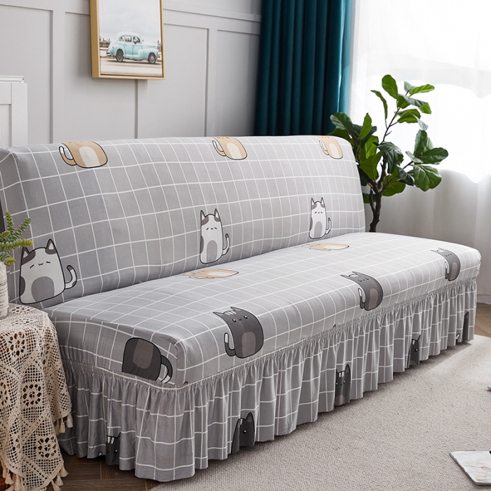 91家纺网 家纺一手货源 找家纺 丝绮鹿 2023新款牛奶丝沙发床套（裙边款） 方格猫咪