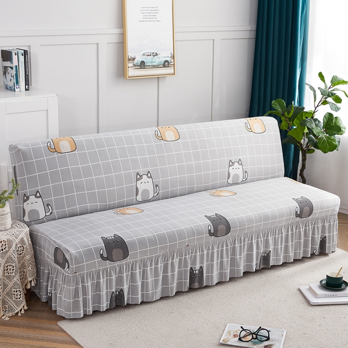 91家纺网 家纺一手货源 找家纺 丝绮鹿 2023新款牛奶丝沙发床套（裙边款） 方格猫咪