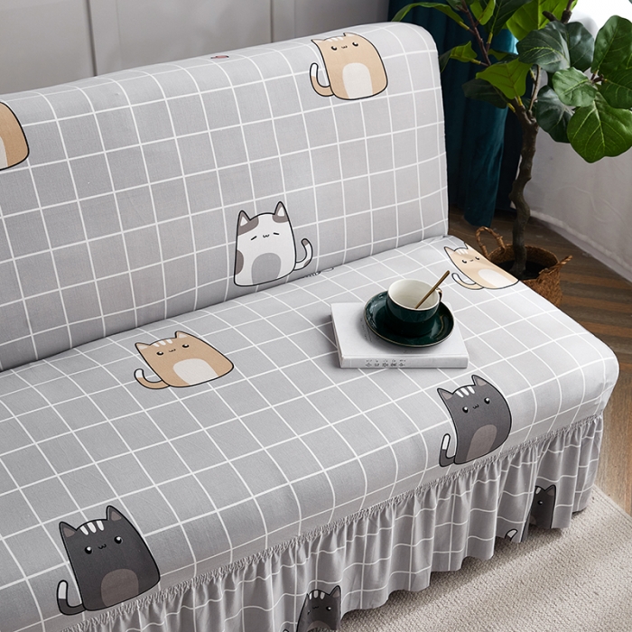 91家纺网 家纺一手货源 找家纺 丝绮鹿 2023新款牛奶丝沙发床套（裙边款） 方格猫咪
