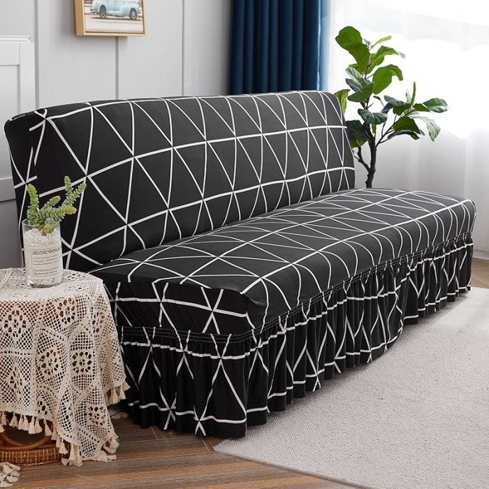 91家纺网 家纺一手货源 找家纺 丝绮鹿 2023新款牛奶丝沙发床套（裙边款） 黑白线格