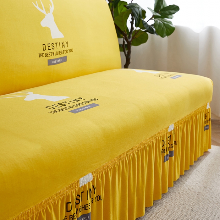 91家纺网 家纺一手货源 找家纺 丝绮鹿 2023新款牛奶丝沙发床套（裙边款） 黄色鹿