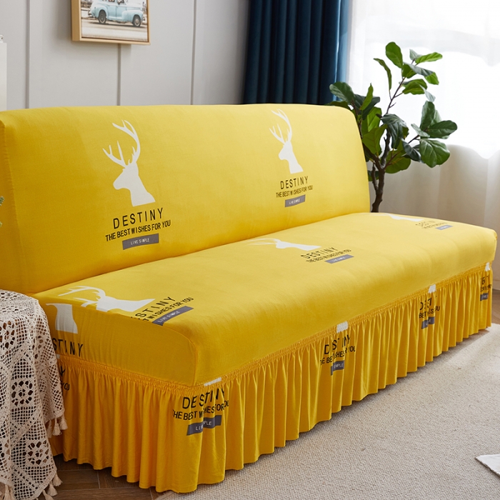 91家纺网 家纺一手货源 找家纺 丝绮鹿 2023新款牛奶丝沙发床套（裙边款） 黄色鹿