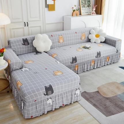 91家纺网 家纺一手货源 找家纺 丝绮鹿 2023新款牛奶丝沙发套贵妃图（裙边款） 方格猫咪