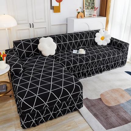 91家纺网 家纺一手货源 找家纺 丝绮鹿 2023新款牛奶丝沙发套贵妃图（裙边款） 黑色线格