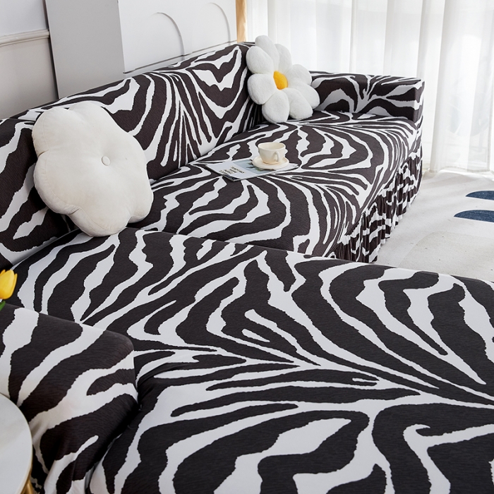 91家纺网 家纺一手货源 找家纺 丝绮鹿 2023新款牛奶丝沙发套贵妃图（裙边款） 斑马纹