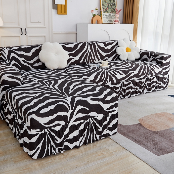 91家纺网 家纺一手货源 找家纺 丝绮鹿 2023新款牛奶丝沙发套贵妃图（裙边款） 斑马纹