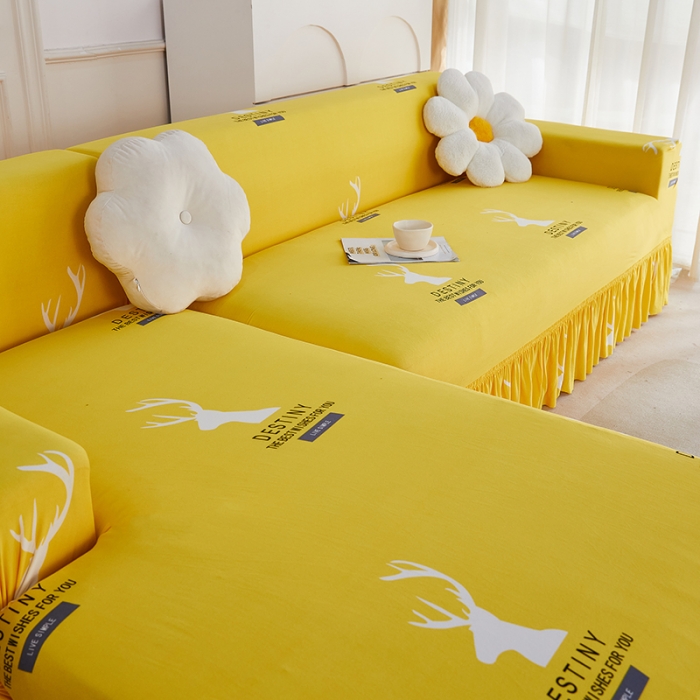 91家纺网 家纺一手货源 找家纺 丝绮鹿 2023新款牛奶丝沙发套贵妃图（裙边款） 黄色鹿