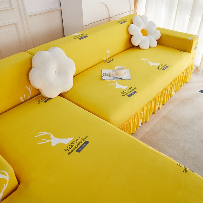 91家纺网 家纺一手货源 找家纺 丝绮鹿 2023新款牛奶丝沙发套贵妃图（裙边款） 黄色鹿
