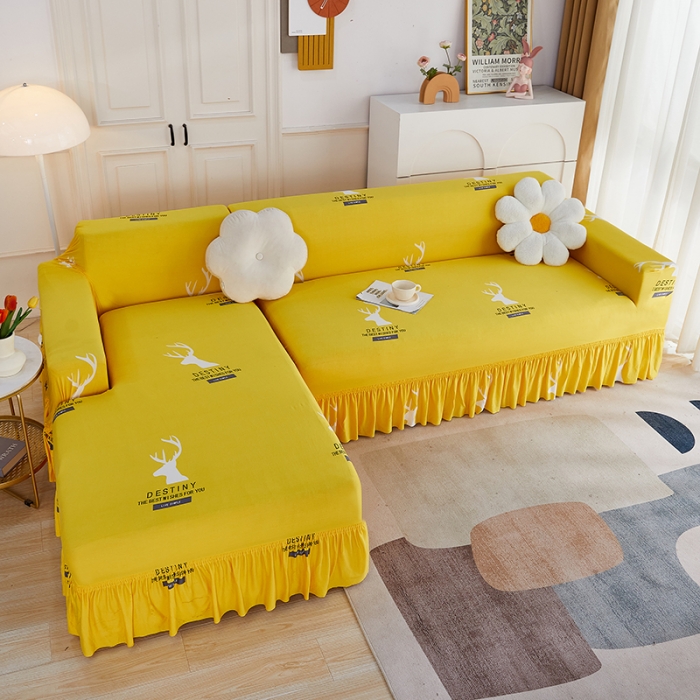 91家纺网 家纺一手货源 找家纺 丝绮鹿 2023新款牛奶丝沙发套贵妃图（裙边款） 黄色鹿