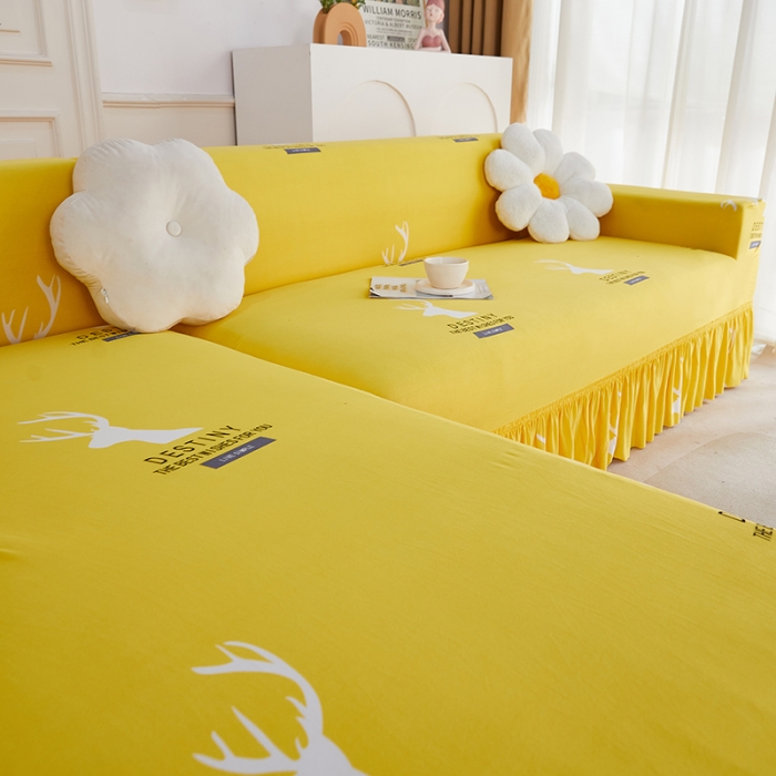 91家纺网 家纺一手货源 找家纺 丝绮鹿 2023新款牛奶丝沙发套贵妃图（裙边款） 黄色鹿