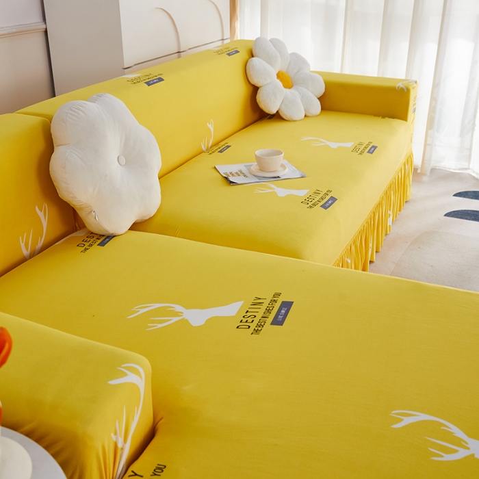 91家纺网 家纺一手货源 找家纺 丝绮鹿 2023新款牛奶丝沙发套贵妃图（裙边款） 黄色鹿
