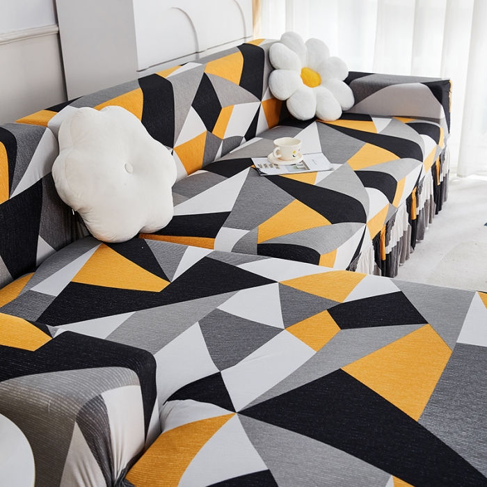 91家纺网 家纺一手货源 找家纺 丝绮鹿 2023新款牛奶丝沙发套贵妃图（裙边款） 几何碎片