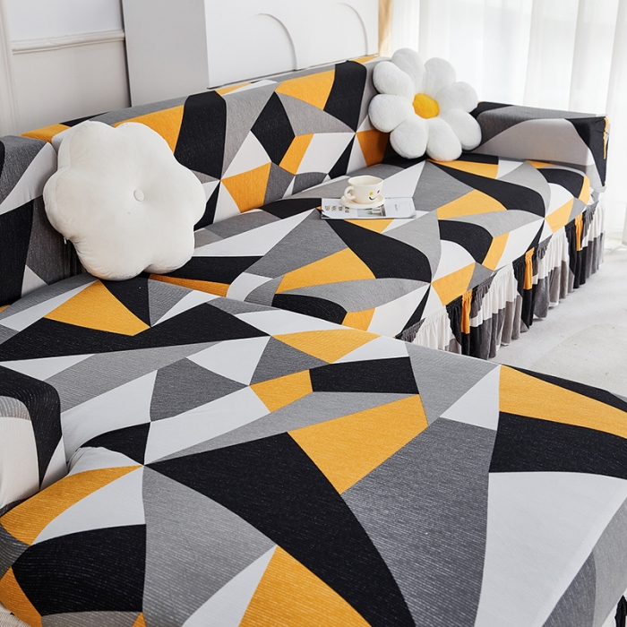 91家纺网 家纺一手货源 找家纺 丝绮鹿 2023新款牛奶丝沙发套贵妃图（裙边款） 几何碎片