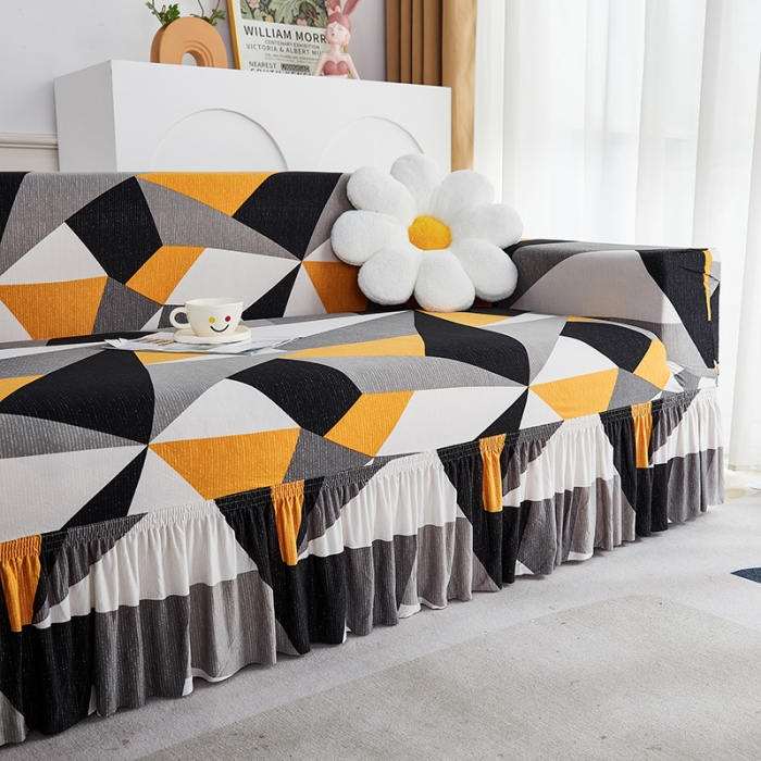 91家纺网 家纺一手货源 找家纺 丝绮鹿 2023新款牛奶丝沙发套贵妃图（裙边款） 几何碎片