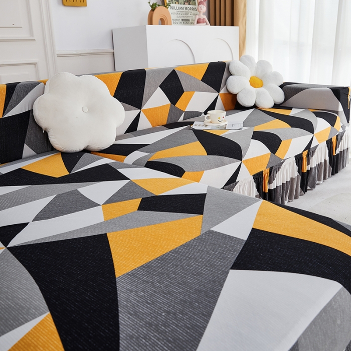 91家纺网 家纺一手货源 找家纺 丝绮鹿 2023新款牛奶丝沙发套贵妃图（裙边款） 几何碎片