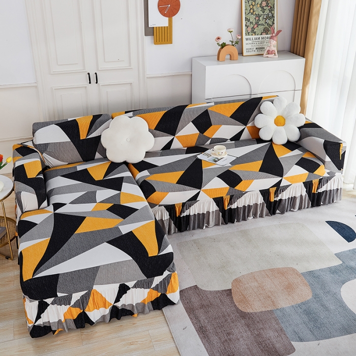 91家纺网 家纺一手货源 找家纺 丝绮鹿 2023新款牛奶丝沙发套贵妃图（裙边款） 几何碎片