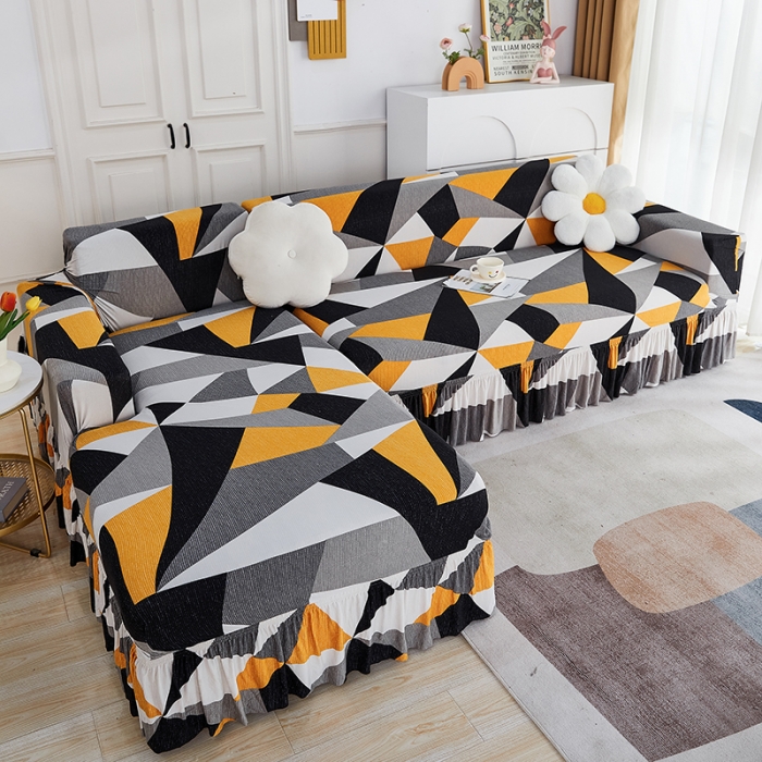 91家纺网 家纺一手货源 找家纺 丝绮鹿 2023新款牛奶丝沙发套贵妃图（裙边款） 几何碎片