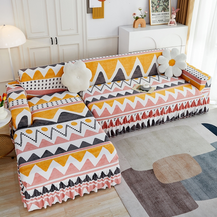 91家纺网 家纺一手货源 找家纺 丝绮鹿 2023新款牛奶丝沙发套贵妃图（裙边款） 米亚