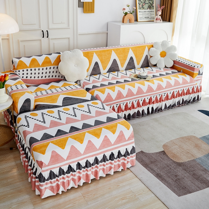 91家纺网 家纺一手货源 找家纺 丝绮鹿 2023新款牛奶丝沙发套贵妃图（裙边款） 米亚