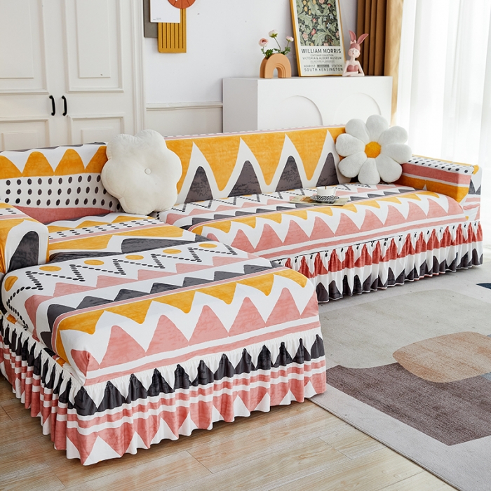 91家纺网 家纺一手货源 找家纺 丝绮鹿 2023新款牛奶丝沙发套贵妃图（裙边款） 米亚