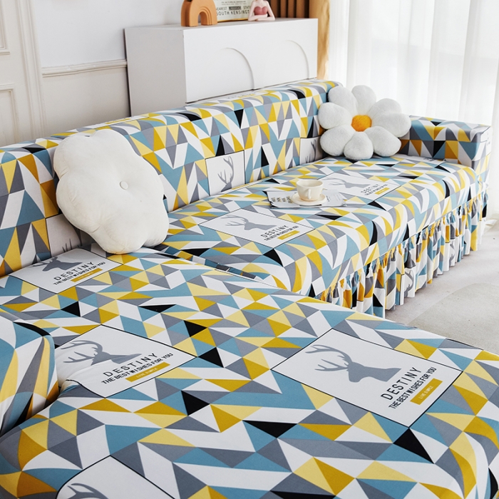 91家纺网 家纺一手货源 找家纺 丝绮鹿 2023新款牛奶丝沙发套贵妃图（裙边款） 时光麋鹿