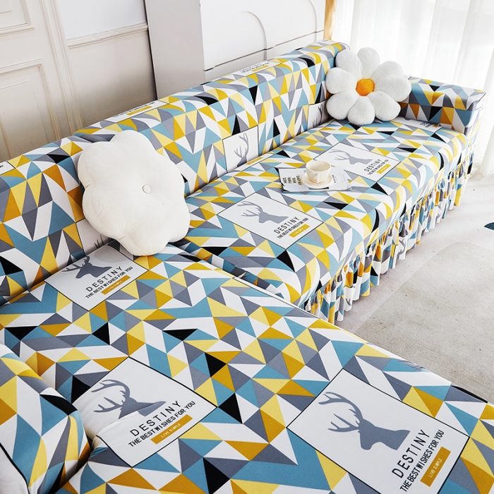 91家纺网 家纺一手货源 找家纺 丝绮鹿 2023新款牛奶丝沙发套贵妃图（裙边款） 时光麋鹿