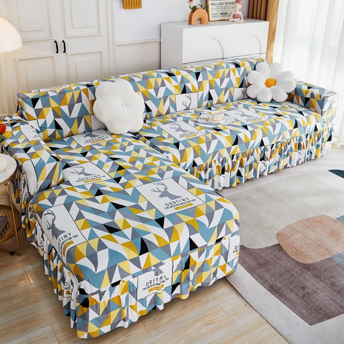 91家纺网 家纺一手货源 找家纺 丝绮鹿 2023新款牛奶丝沙发套贵妃图（裙边款） 时光麋鹿