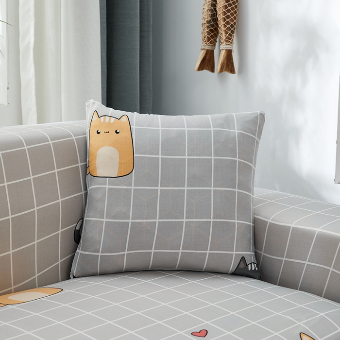 91家纺网 家纺一手货源 找家纺 丝绮鹿 2023新款牛奶丝沙发套贵妃图（松紧款） 方格猫咪