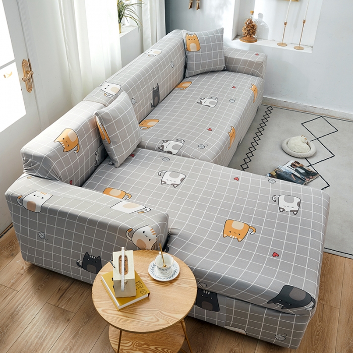 91家纺网 家纺一手货源 找家纺 丝绮鹿 2023新款牛奶丝沙发套贵妃图（松紧款） 方格猫咪