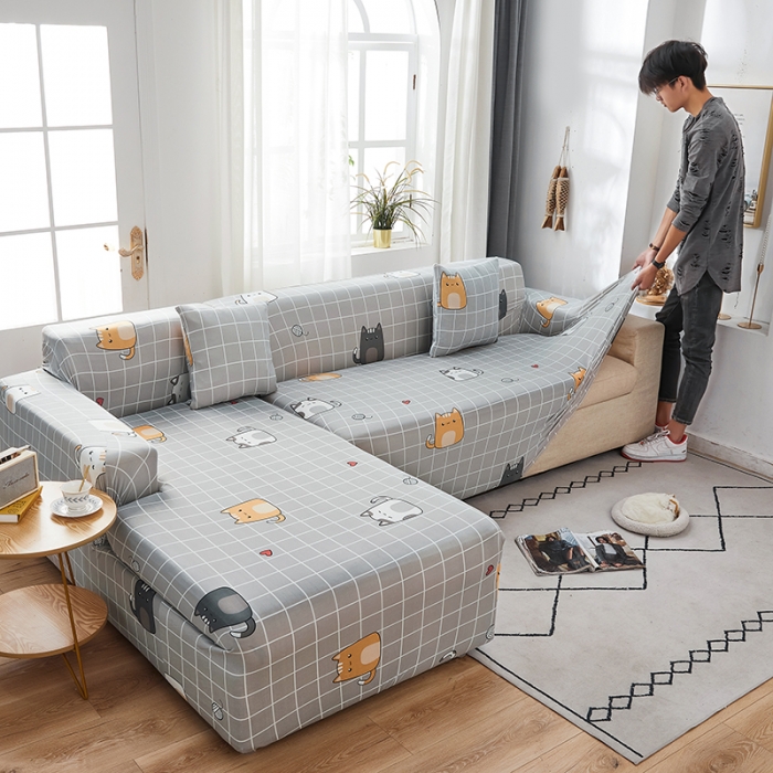 91家纺网 家纺一手货源 找家纺 丝绮鹿 2023新款牛奶丝沙发套贵妃图（松紧款） 方格猫咪