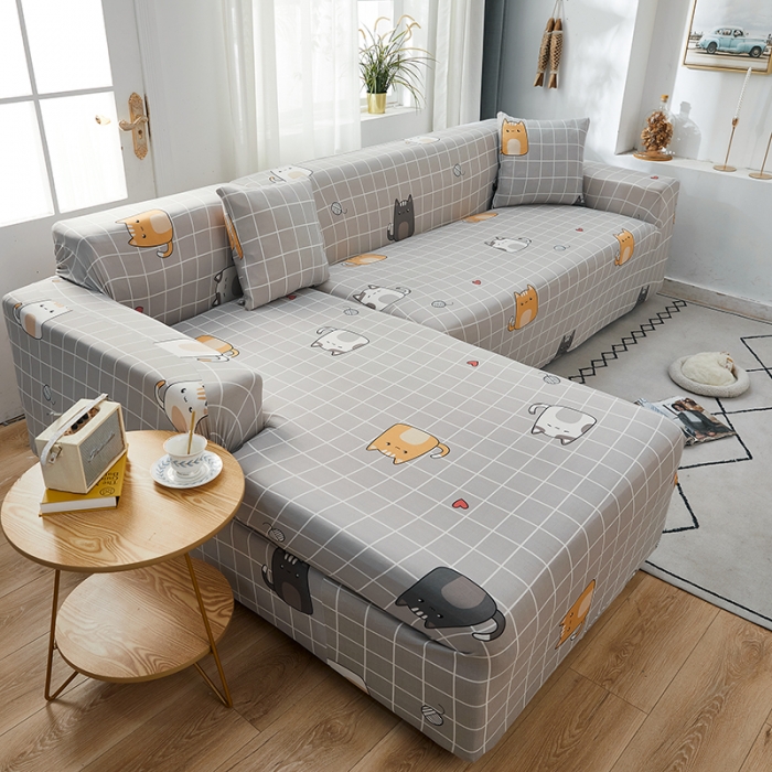 91家纺网 家纺一手货源 找家纺 丝绮鹿 2023新款牛奶丝沙发套贵妃图（松紧款） 方格猫咪