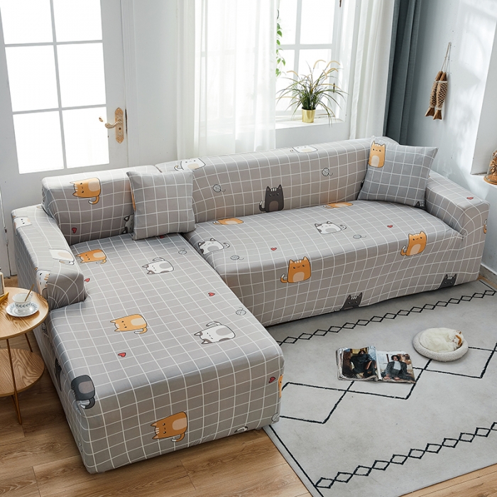 91家纺网 家纺一手货源 找家纺 丝绮鹿 2023新款牛奶丝沙发套贵妃图（松紧款） 方格猫咪