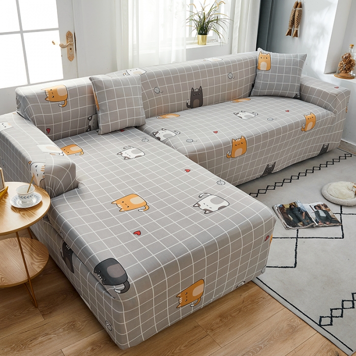 91家纺网 家纺一手货源 找家纺 丝绮鹿 2023新款牛奶丝沙发套贵妃图（松紧款） 方格猫咪