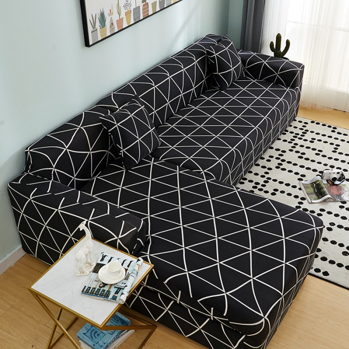 91家纺网 家纺一手货源 找家纺 丝绮鹿 2023新款牛奶丝沙发套贵妃图（松紧款） 黑色线格