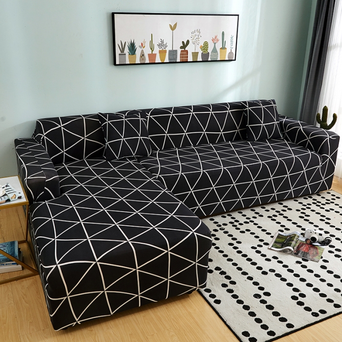 91家纺网 家纺一手货源 找家纺 丝绮鹿 2023新款牛奶丝沙发套贵妃图（松紧款） 黑色线格