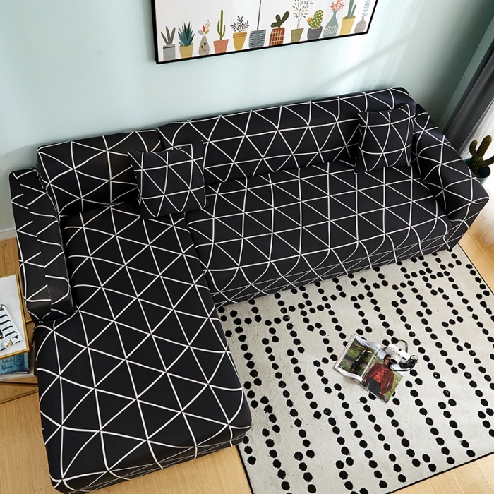 91家纺网 家纺一手货源 找家纺 丝绮鹿 2023新款牛奶丝沙发套贵妃图（松紧款） 黑色线格