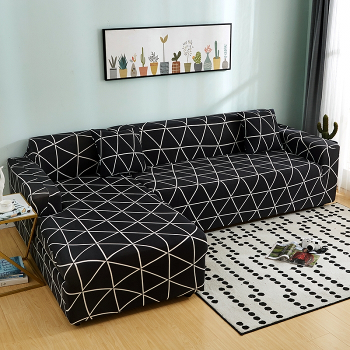 91家纺网 家纺一手货源 找家纺 丝绮鹿 2023新款牛奶丝沙发套贵妃图（松紧款） 黑色线格