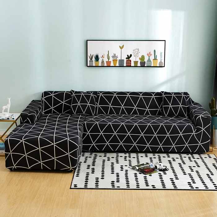 91家纺网 家纺一手货源 找家纺 丝绮鹿 2023新款牛奶丝沙发套贵妃图（松紧款） 黑色线格