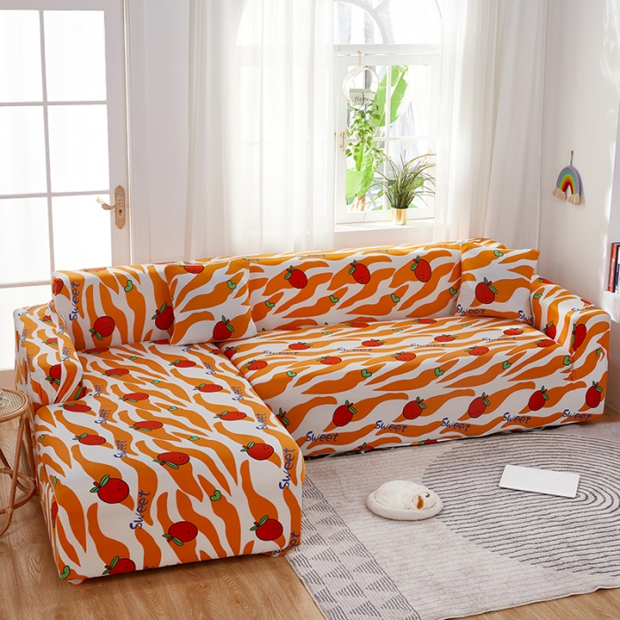 91家纺网 家纺一手货源 找家纺 丝绮鹿 2023新款牛奶丝沙发套贵妃图（松紧款） 甜蜜橘子