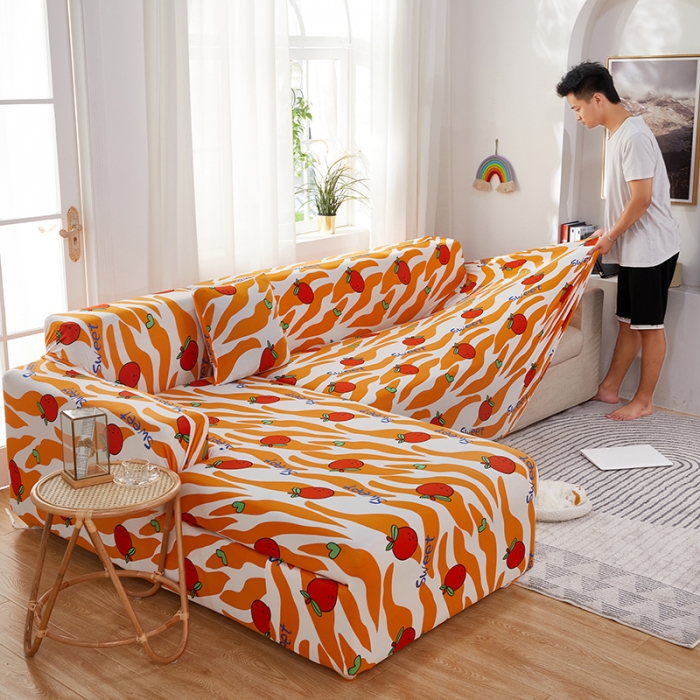 91家纺网 家纺一手货源 找家纺 丝绮鹿 2023新款牛奶丝沙发套贵妃图（松紧款） 甜蜜橘子