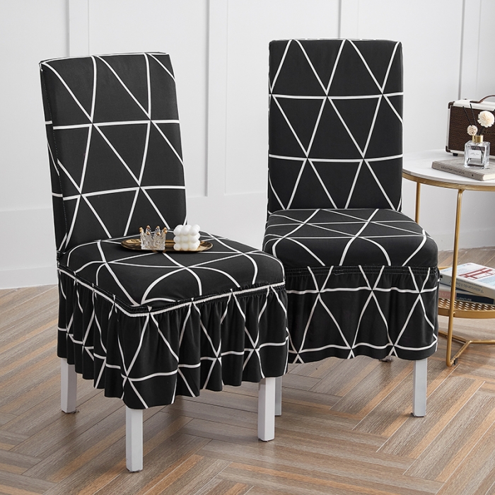 91家纺网 家纺一手货源 找家纺 丝绮鹿 2023新款牛奶丝椅子套（裙边款） 黑色线格